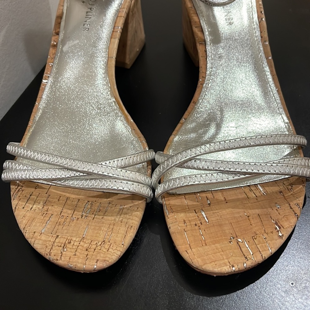 Donald J. Pliner Silver Strappy Cork Block Heel Sandals - Picture 3 of 11